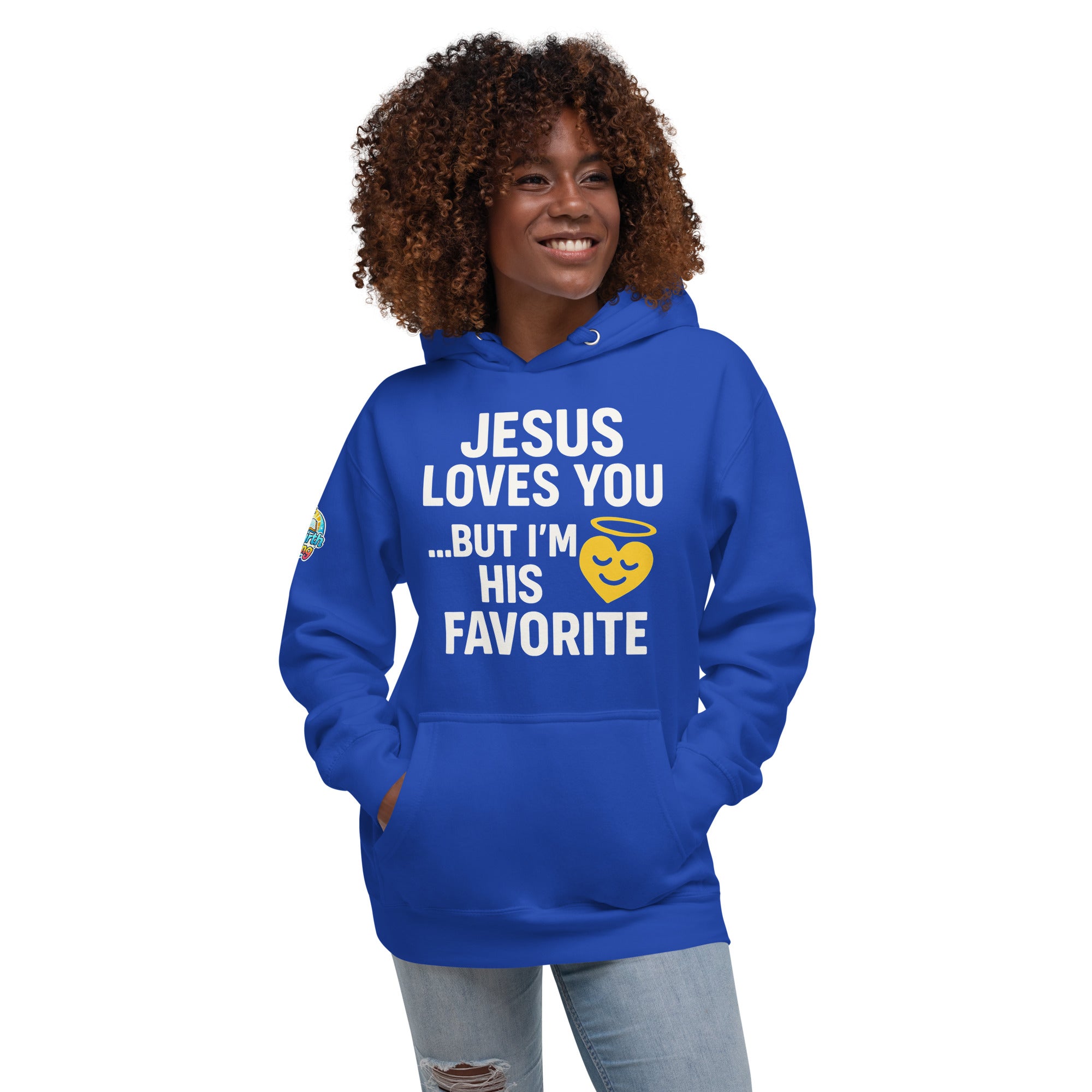 Faith-based hoodie, royal blue, "Jesus Loves You But I'm His Favorite" – ReBirth Living