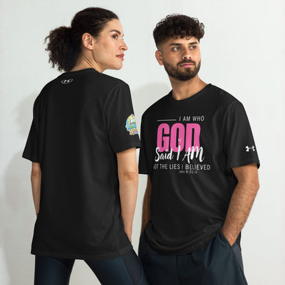 Two people wearing a I AM Who God Says I AM Christian performance t-shirt – unisex Under Armour® athletic shirt, black, moisture-wicking faith-based apparel by ReBirth Living