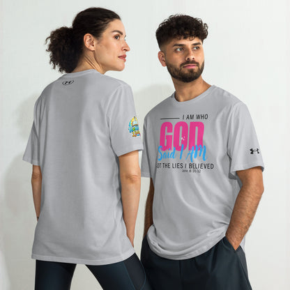 Two people wearing a I AM Who God Says I AM Christian performance t-shirt – grey Under Armour® unisex athletic shirt, moisture-wicking faith-based apparel by ReBirth Living