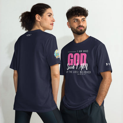 Two people wearing a I AM Who God Says I AM Christian performance t-shirt – unisex Under Armour® athletic shirt, navy, moisture-wicking faith-based apparel by ReBirth Living