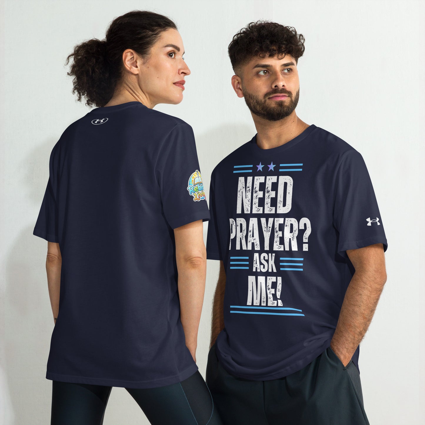 Two people wearing a Need Prayer? Ask Me! Christian performance t-shirt – unisex Under Armour shirt, navy, moisture-wicking athletic faith apparel by ReBirth Living