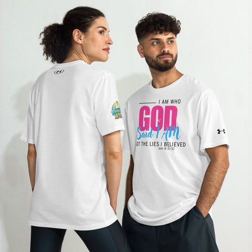Two people wearing a I AM Who God Says I AM Christian performance t-shirt – white Under Armour® unisex athletic shirt, moisture-wicking faith-based apparel by ReBirth Living