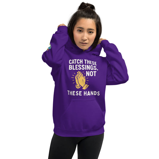 Faith-based hoodie, purple, "Catch These Blessings Not These Hands" – ReBirth Living