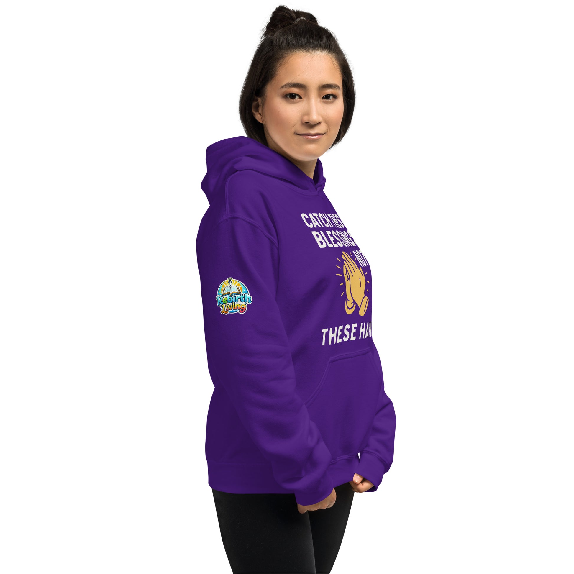 Faith-based hoodie, purple, "Catch These Blessings Not These Hands" – ReBirth Living