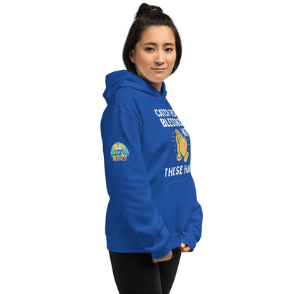 Faith-based hoodie, royal blue, "Catch These Blessings Not These Hands" – ReBirth Living