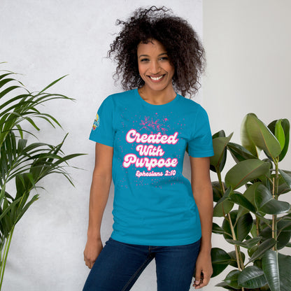 Person wearing a Created with Purpose unisex Christian t-shirt – scripture-inspired faith-based apparel, aqua, XS–5XL by ReBirth Living