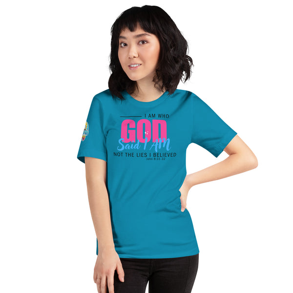 I Am Who God Says I Am unisex Christian t-shirt – John 8:31–32 KJV scripture design, aqua, faith-based apparel by ReBirth Living