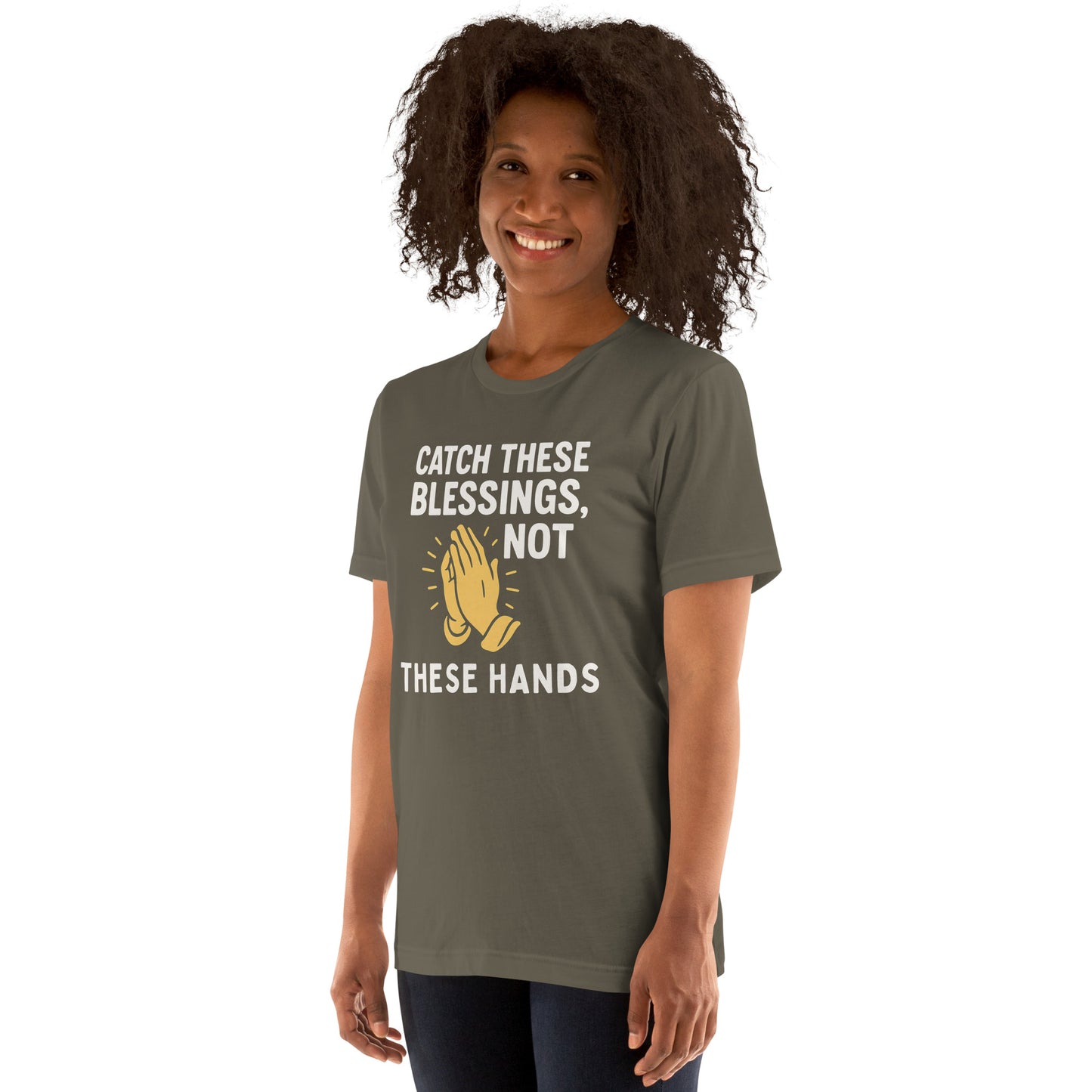 Model showcasing a Catch These Blessings, Not These Hands – funny Christian t-shirt, army, faith-based humor design with prayer hands by ReBirth Living