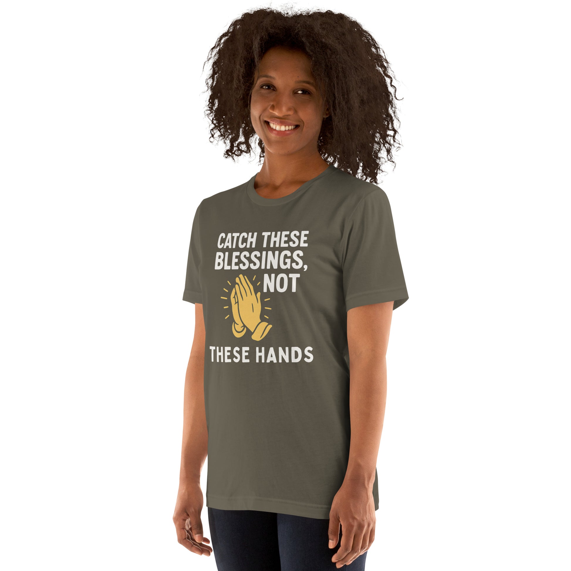 Model showcasing a Catch These Blessings, Not These Hands – funny Christian t-shirt, army, faith-based humor design with prayer hands by ReBirth Living