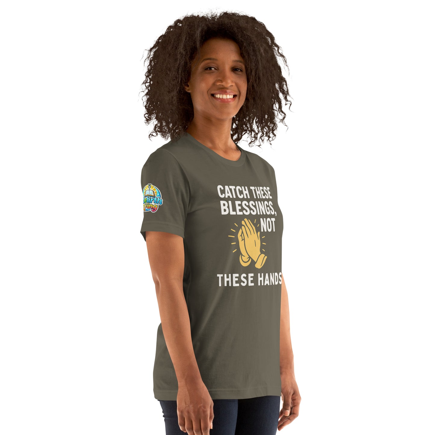 Model showcasing a Catch These Blessings, Not These Hands – funny Christian t-shirt, army, faith-based humor design with prayer hands by ReBirth Living