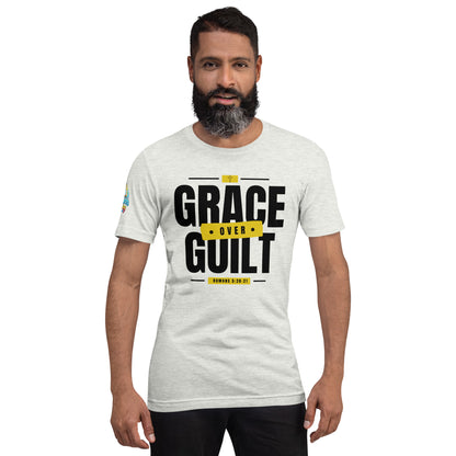 A Person is wearing a Grace Over Guilt Christian unisex t-shirt – Romans 5:20–21 KJV scripture design, ash, faith-based apparel by ReBirth Living