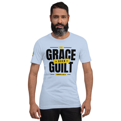 A Person is wearing a Grace Over Guilt Christian unisex t-shirt – Romans 5:20–21 KJV scripture design, baby blue, faith-based apparel by ReBirth Living