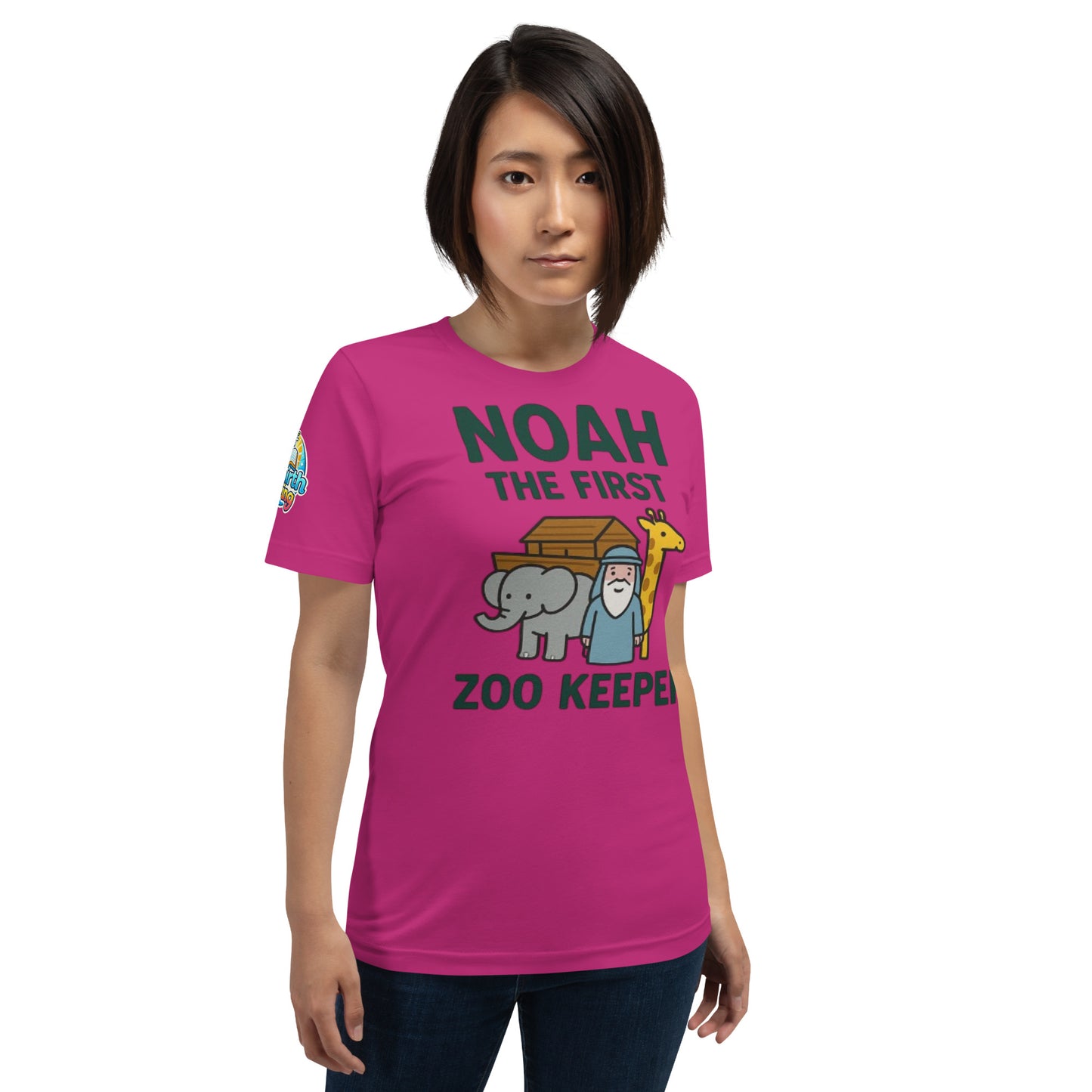 Model wearing a Noah the First Zoo Keeper – funny Christian t-shirt, berry, Bible humor animal design by ReBirth Living