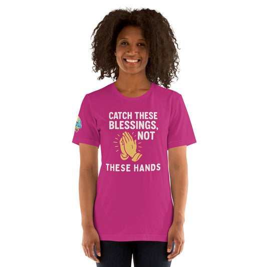 Model showcasing a Catch These Blessings, Not These Hands – funny Christian t-shirt, berry, faith-based humor design by ReBirth Living