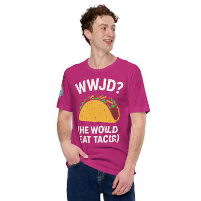 WWJD? (He Would Eat Tacos) – funny Christian t-shirt, berry, with humorous faith-based design by ReBirth Living