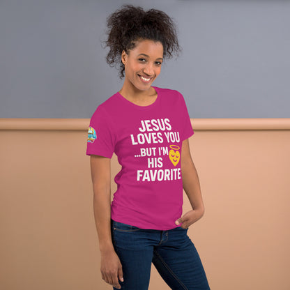 Model wearing “Jesus Loves You… But I’m His Favorite” – funny Christian t-shirt, berry, faith humor design with golden smiling heart and halo by ReBirth Living
