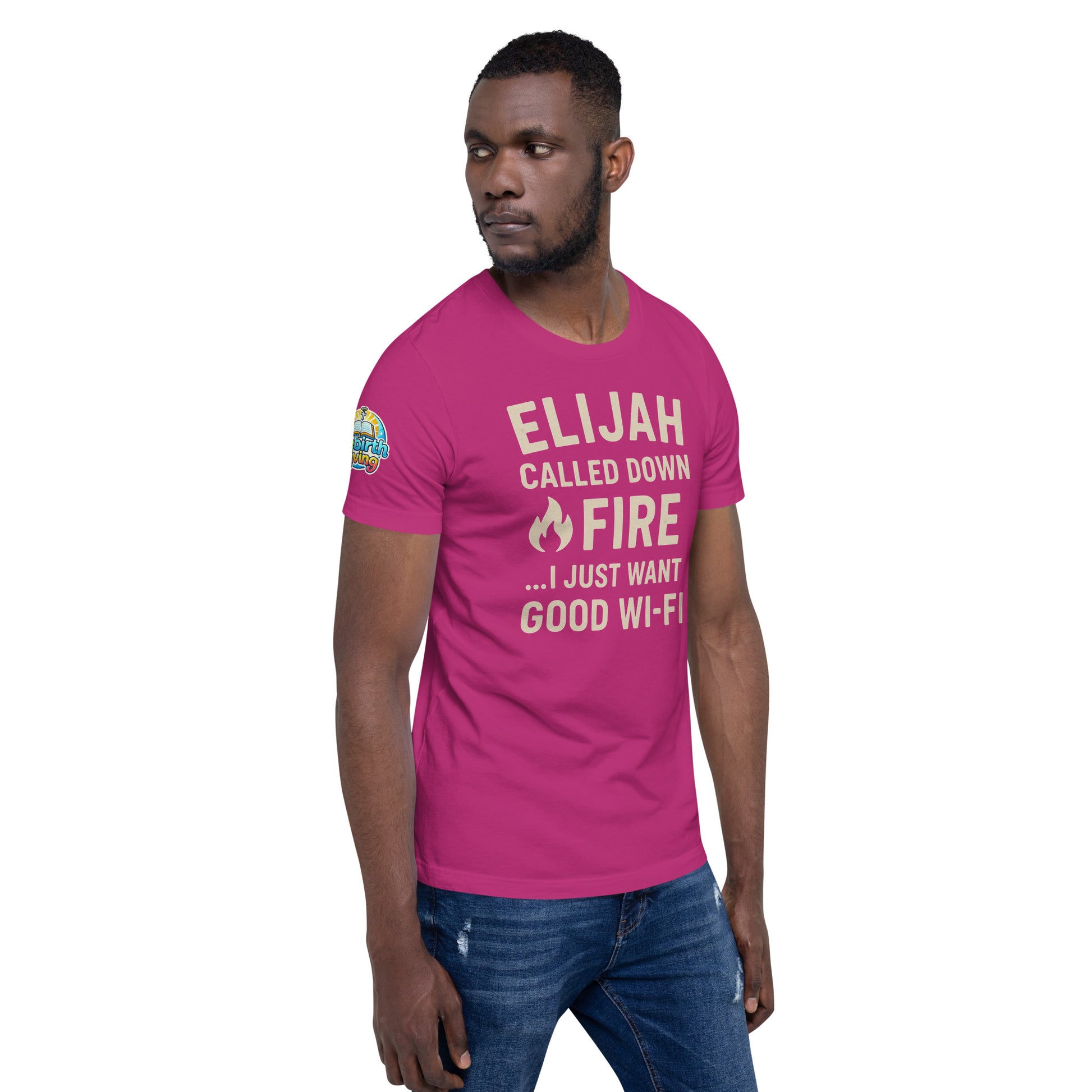 Model wearing a Elijah Called Down Fire… I Just Want Good Wi-Fi – funny Christian t-shirt, berry, Bible humor design by ReBirth Living
