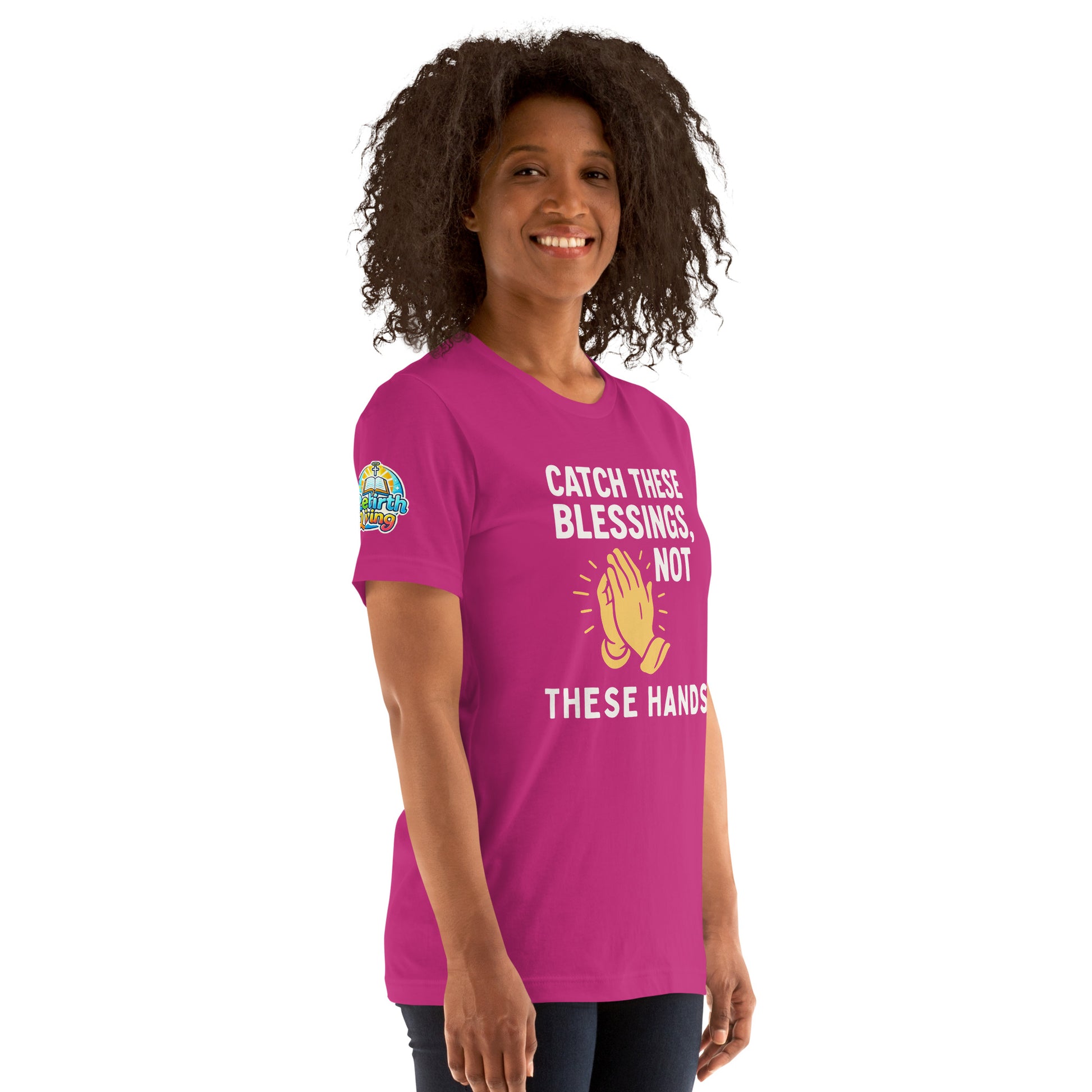 Model showcasing a Catch These Blessings, Not These Hands – funny Christian t-shirt, berry, faith-based humor design with prayer hands by ReBirth Living