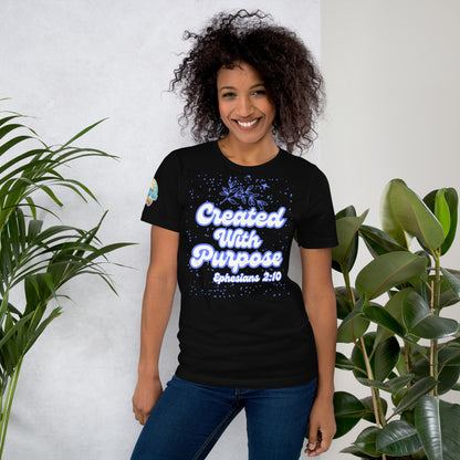 Created with Purpose unisex Christian t-shirt (XS–5XL) – Ephesians 2:10 KJV scripture design, black, faith-based apparel by ReBirth Living