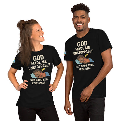 Models showcasing a God Made Me Unstoppable (But Naps Still Required) – funny Christian t-shirt, black, brown skin character design by ReBirth Living