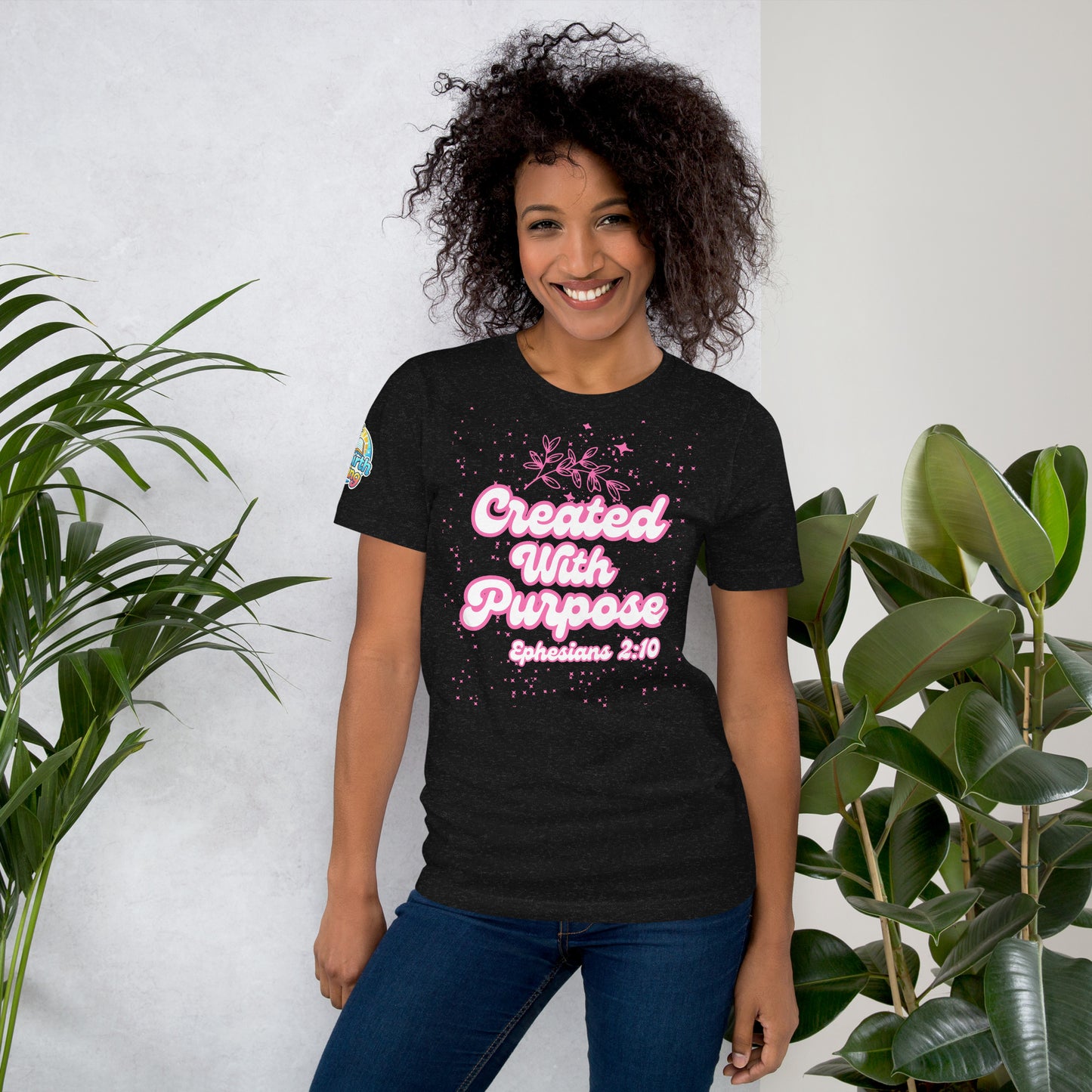 Person wearing a Created with Purpose unisex Christian t-shirt – scripture-inspired faith-based apparel, black, XS–5XL by ReBirth Living