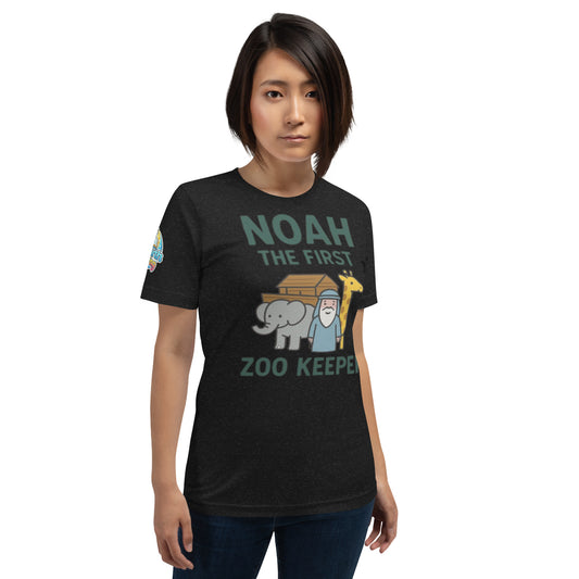 Model wearing a Noah the First Zoo Keeper – funny Christian t-shirt, black, Bible humor animal design by ReBirth Living