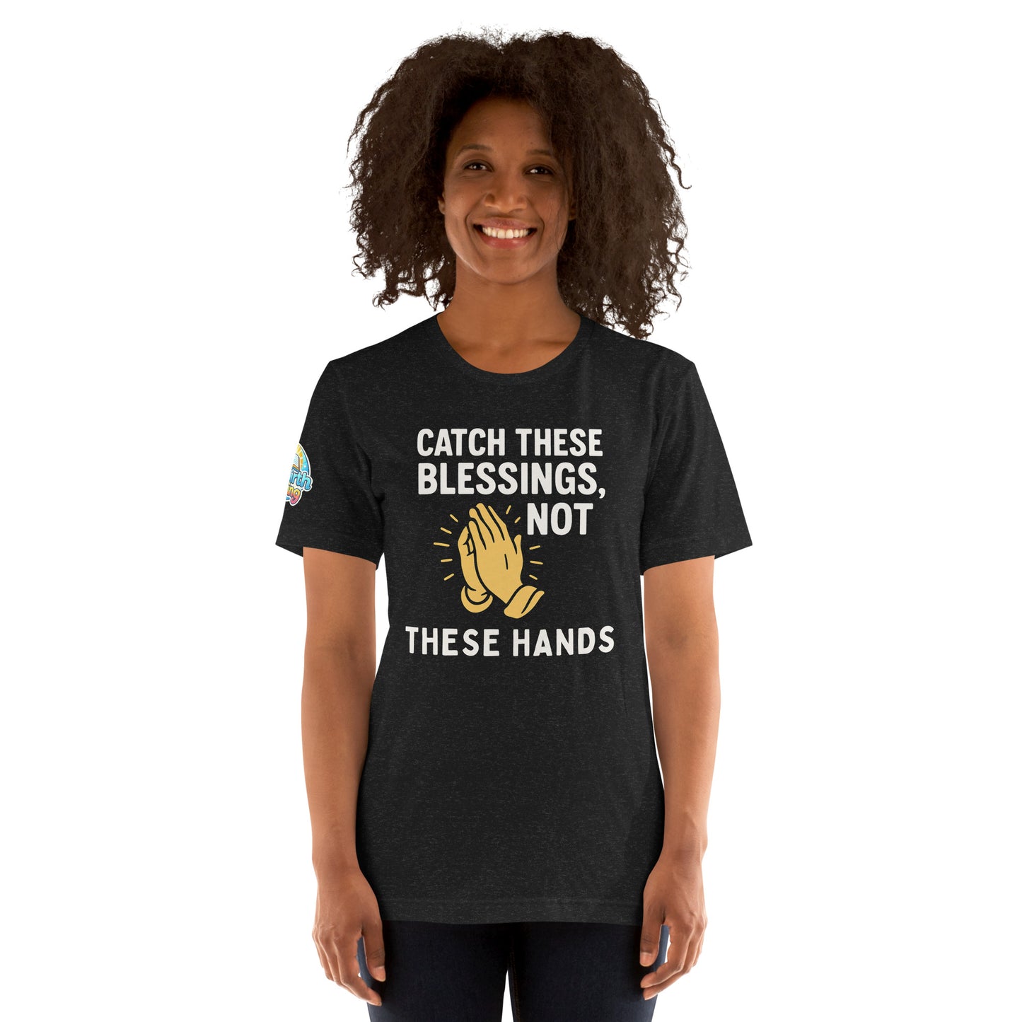 Model showcasing a Catch These Blessings, Not These Hands – funny Christian t-shirt, black heather, faith-based humor design by ReBirth Living