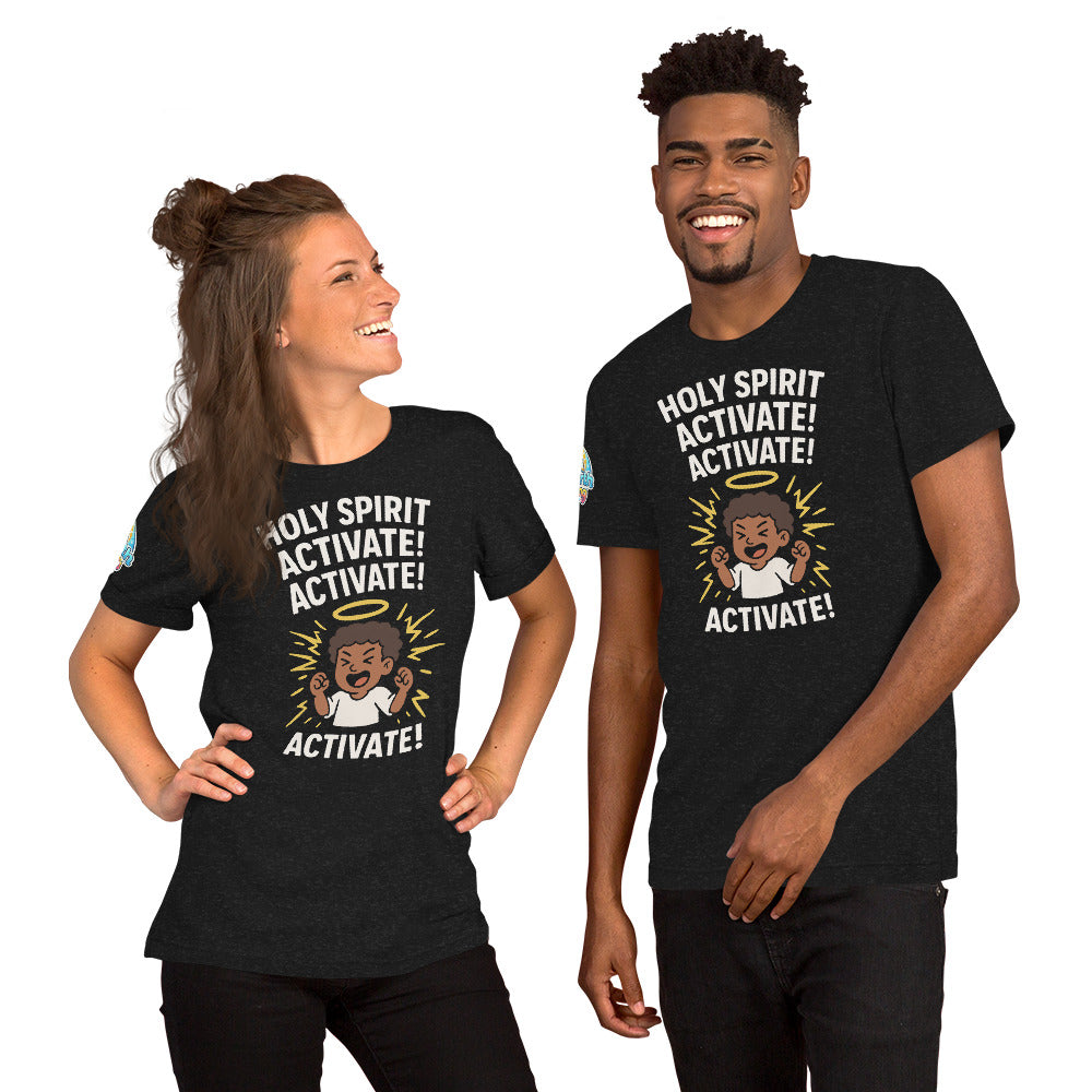 Models showcasing the Holy Spirit Activate! Activate! – funny Christian t-shirt, black heather, brown skin character design by ReBirth Living