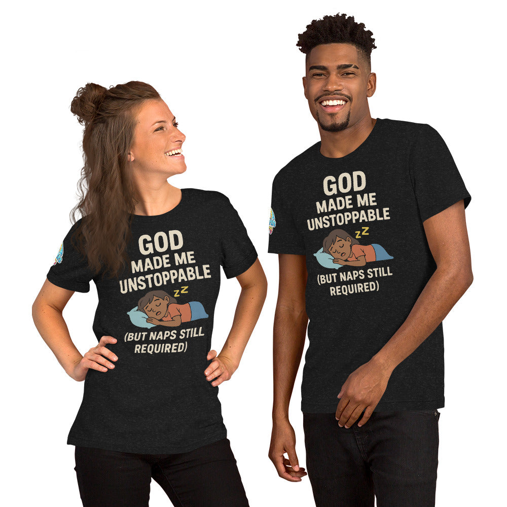Models showcasing a God Made Me Unstoppable (But Naps Still Required) – funny Christian t-shirt, black heather, brown skin character design by ReBirth Living