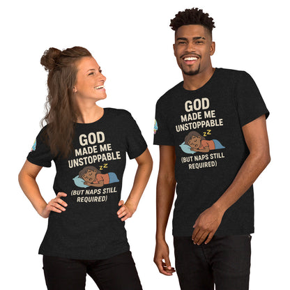 Models showcasing a God Made Me Unstoppable (But Naps Still Required) – funny Christian t-shirt, black heather, brown skin character design by ReBirth Living