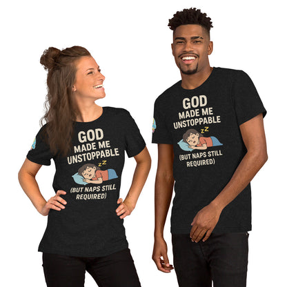 God Made Me Unstoppable (But Naps Still Required) – funny Christian t-shirt, black, light skin character design by ReBirth Living