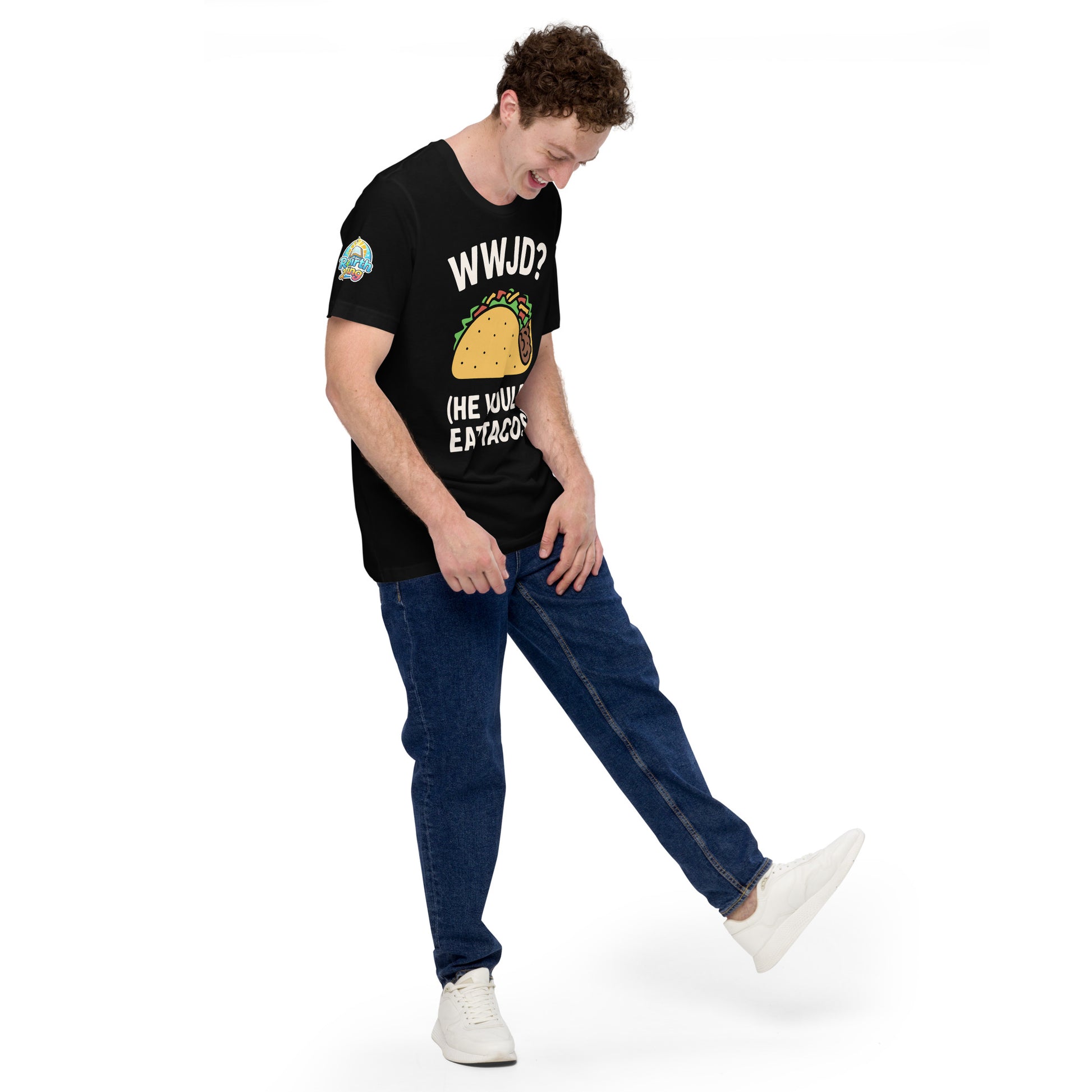 WWJD? (He Would Eat Tacos) – funny Christian t-shirt, black, t-shirt with humorous faith-based design by ReBirth Living