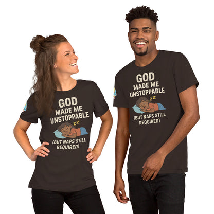 Models showcasing a God Made Me Unstoppable (But Naps Still Required) – funny Christian t-shirt, brown, brown skin character design by ReBirth Living