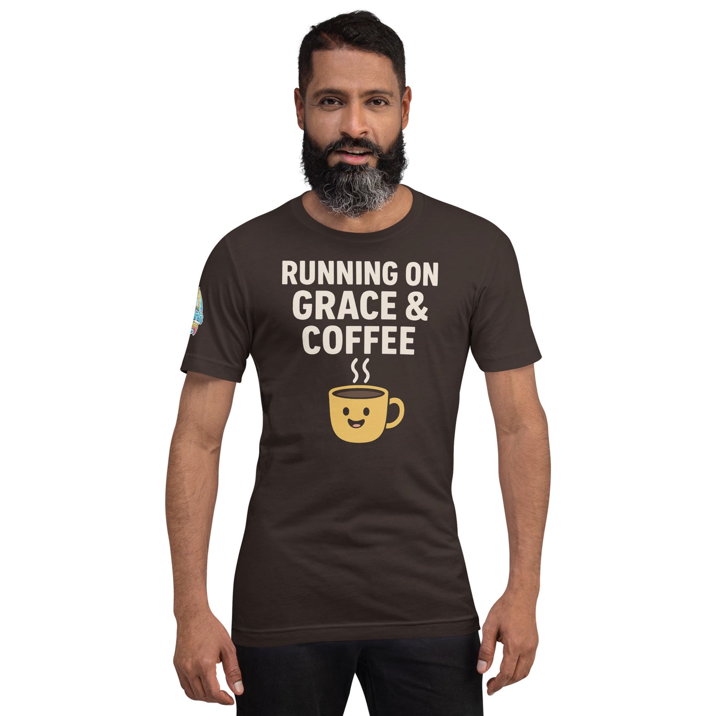 Running on Grace & Coffee – funny Christian t-shirt, brown, faith-based humor design with a smiling coffee mug by ReBirth Living