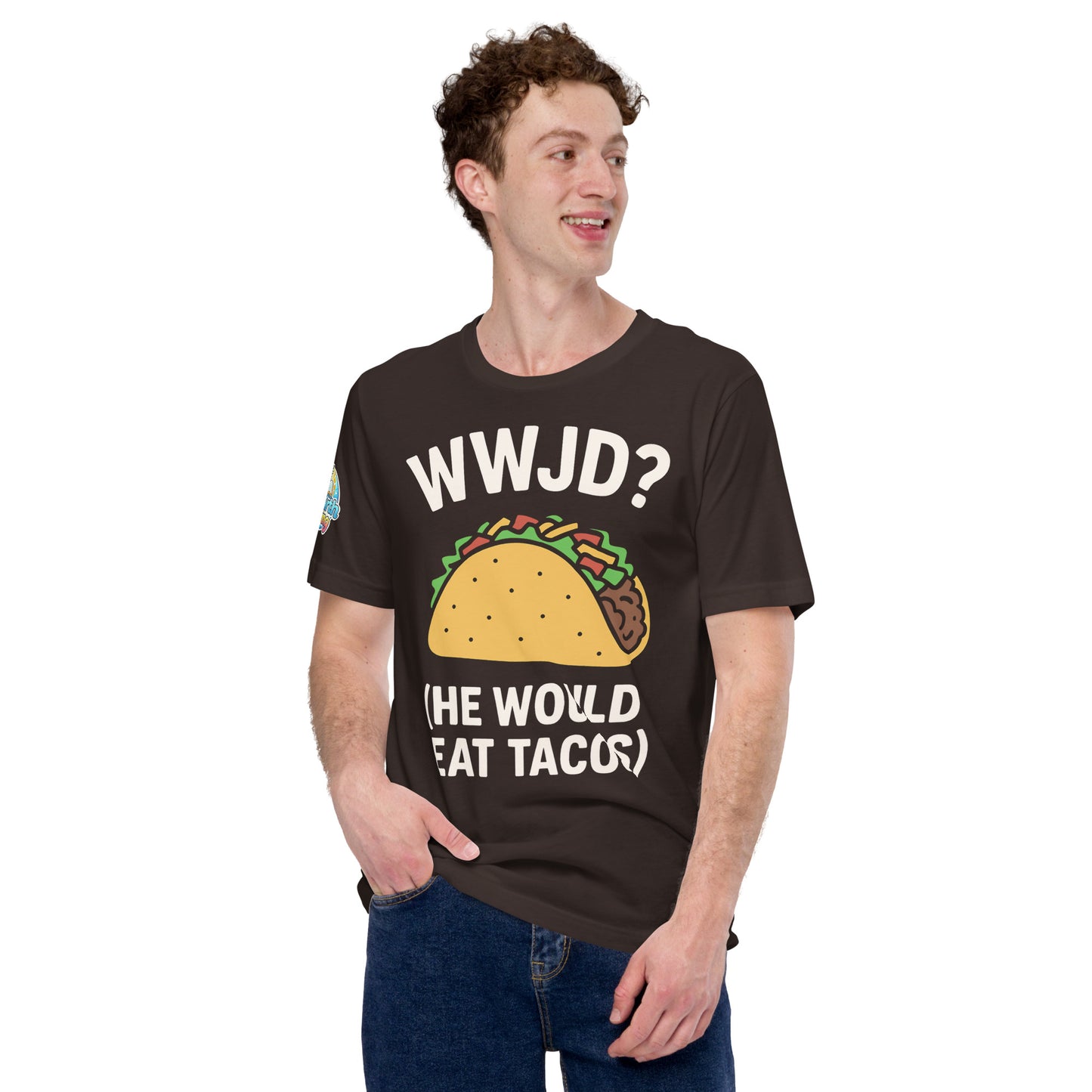 WWJD? (He Would Eat Tacos) – funny Christian t-shirt, brown, with humorous faith-based design by ReBirth Living