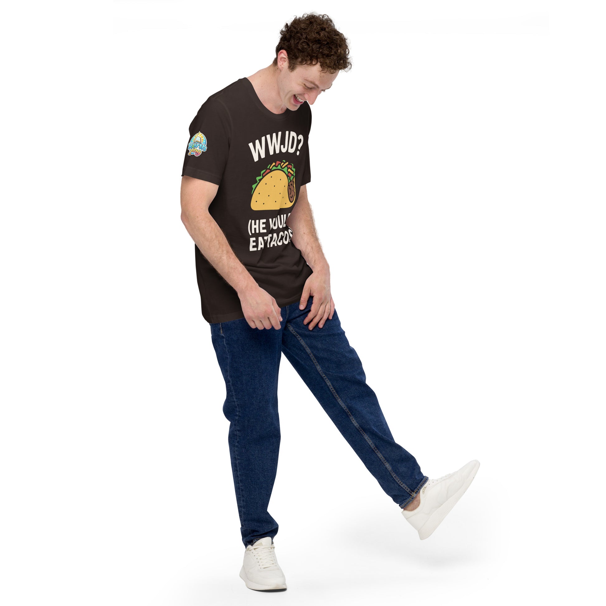 WWJD? (He Would Eat Tacos) – funny Christian t-shirt, brown, with humorous faith-based design by ReBirth Living