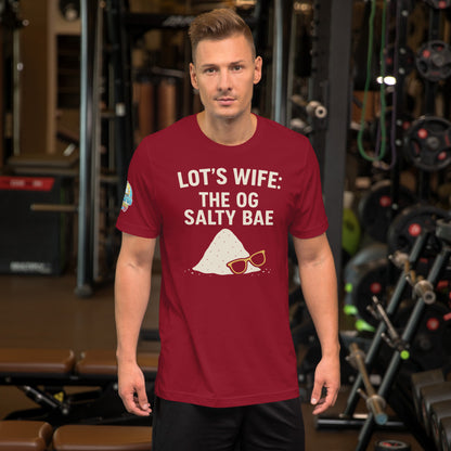 Model waring a Lot's Wife The OG Salty Bae – funny Christian t-shirt, cardinal, Bible humor design by ReBirth Living in a gym setting.