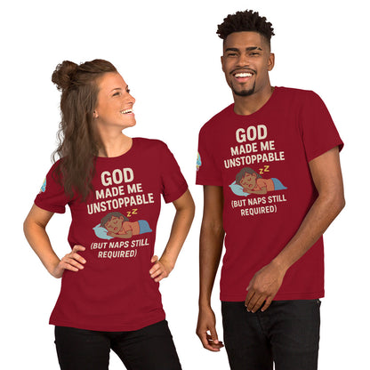 Models showcasing a God Made Me Unstoppable (But Naps Still Required) – funny Christian t-shirt, cardinal, brown skin character design by ReBirth Living