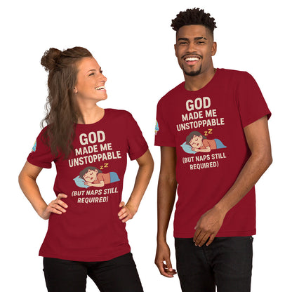 God Made Me Unstoppable (But Naps Still Required) – funny Christian t-shirt, cardinal, light skin character design by ReBirth Living