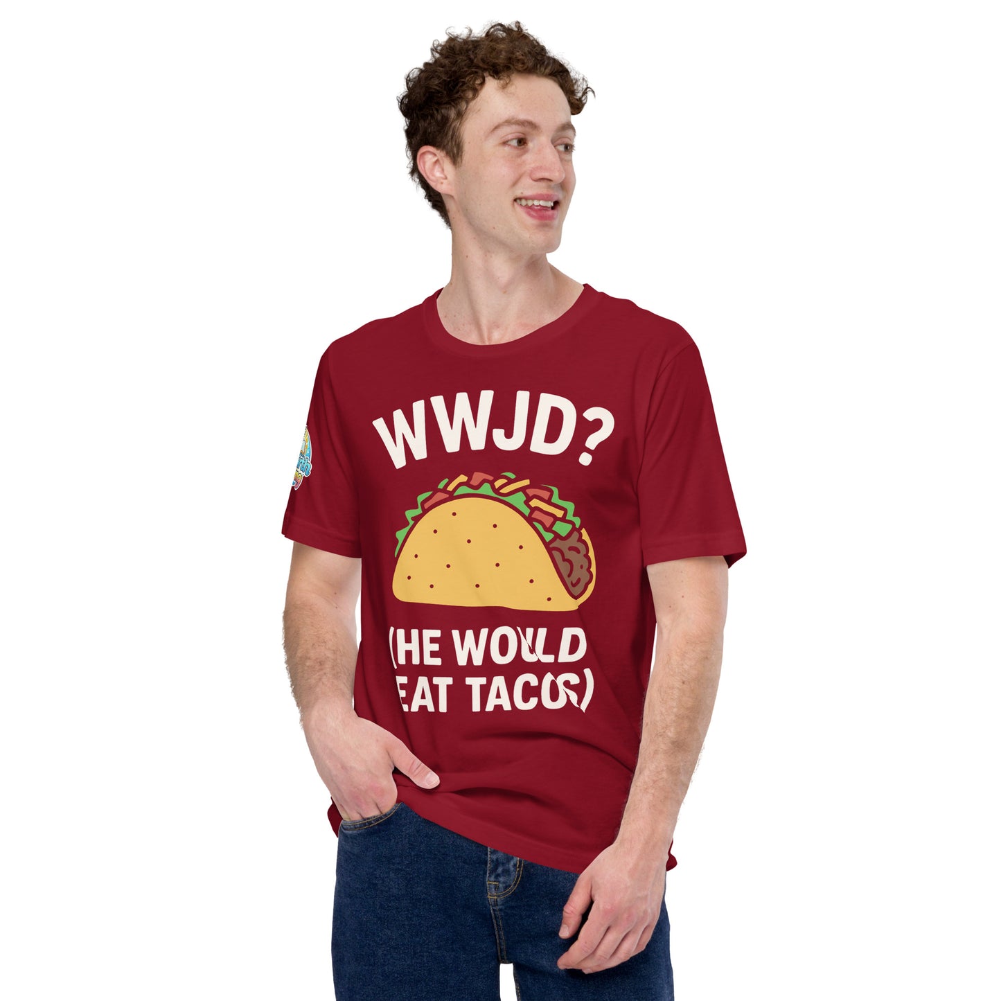 WWJD? (He Would Eat Tacos) – funny Christian t-shirt, cardinal, with humorous faith-based design by ReBirth Living
