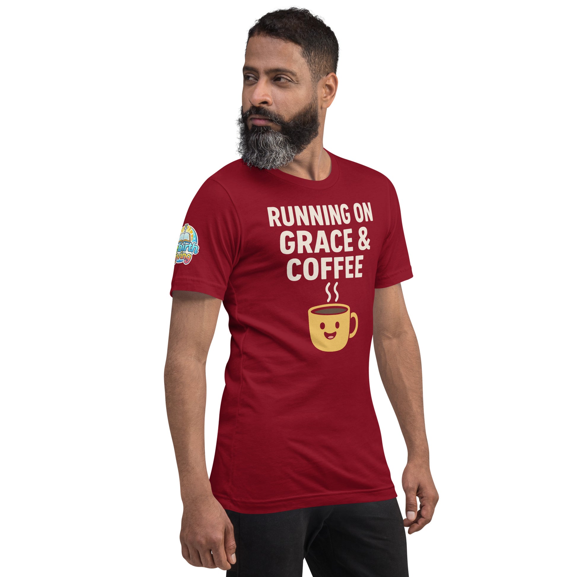 Running on Grace & Coffee – funny Christian t-shirt, cardinal, faith-based humor design with a smiling coffee mug by ReBirth Living
