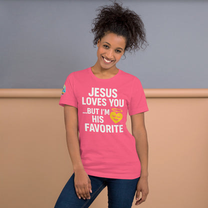 Model wearing “Jesus Loves You… But I’m His Favorite” – funny Christian t-shirt, charity pink, faith humor design with golden smiling heart and halo by ReBirth Living
