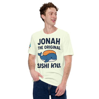 Model wearing “Jonah the Original Sushi Roll” – funny Christian unisex t-shirt, citron, Bible humor design with blue whale carrying sushi by ReBirth Living