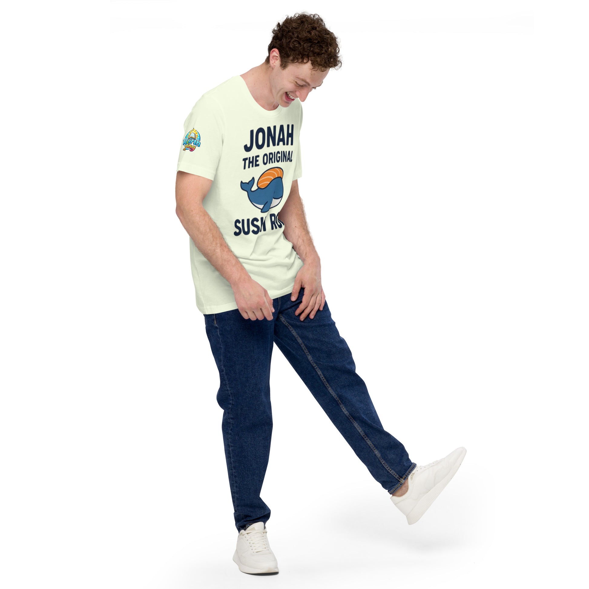 Model wearing “Jonah the Original Sushi Roll” – funny Christian unisex t-shirt, citron, Bible humor design with blue whale carrying sushi by ReBirth Living