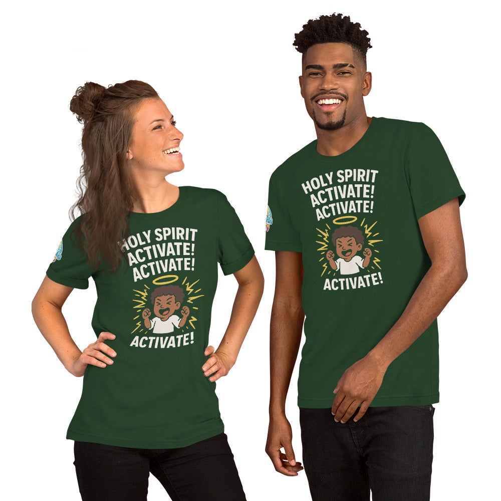 Models showcasing the Holy Spirit Activate! Activate! – funny Christian t-shirt, forest, brown skin character design by ReBirth Living