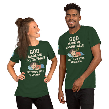 God Made Me Unstoppable (But Naps Still Required) – funny Christian t-shirt, forest, light skin character design by ReBirth Living