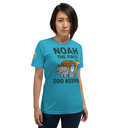Model wearing a Noah the First Zoo Keeper – funny Christian t-shirt, heather aqua, Bible humor animal design by ReBirth Living