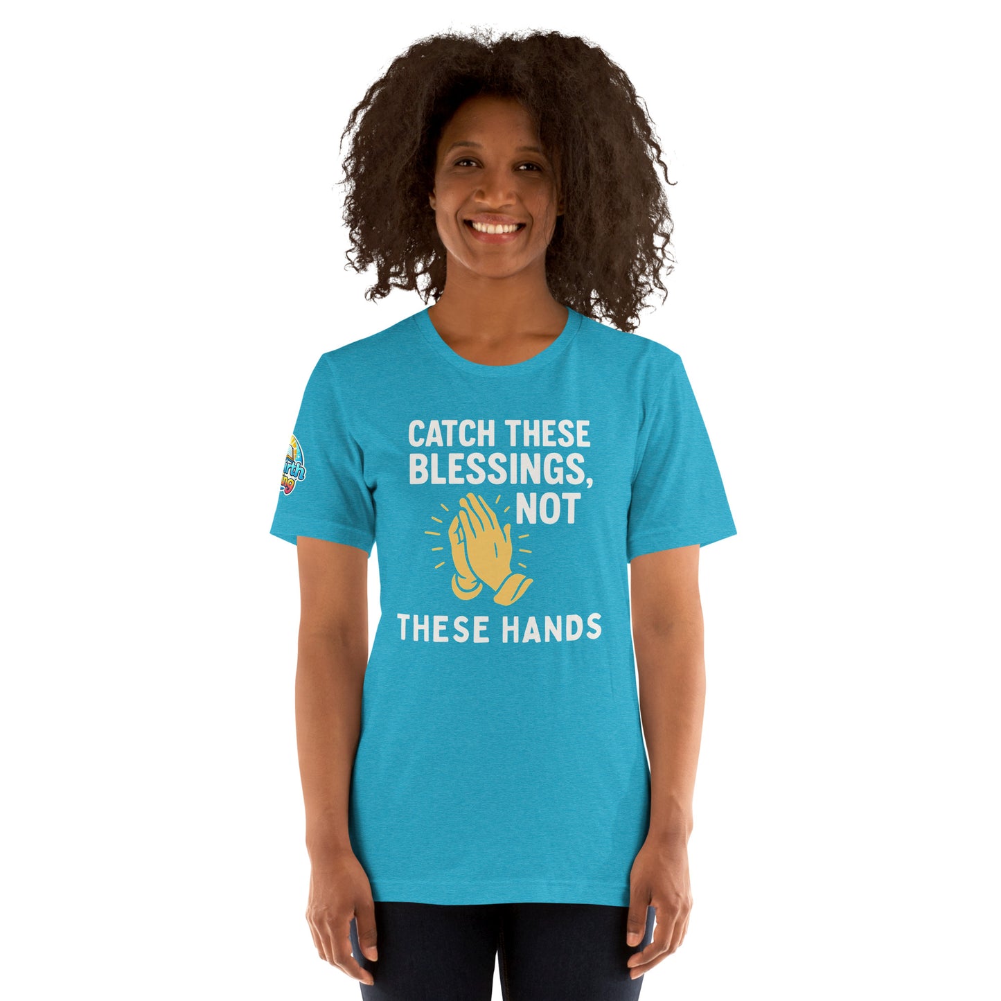 Model showcasing a Catch These Blessings, Not These Hands – funny Christian t-shirt, heather aqua, faith-based humor design with prayer hands by ReBirth Living