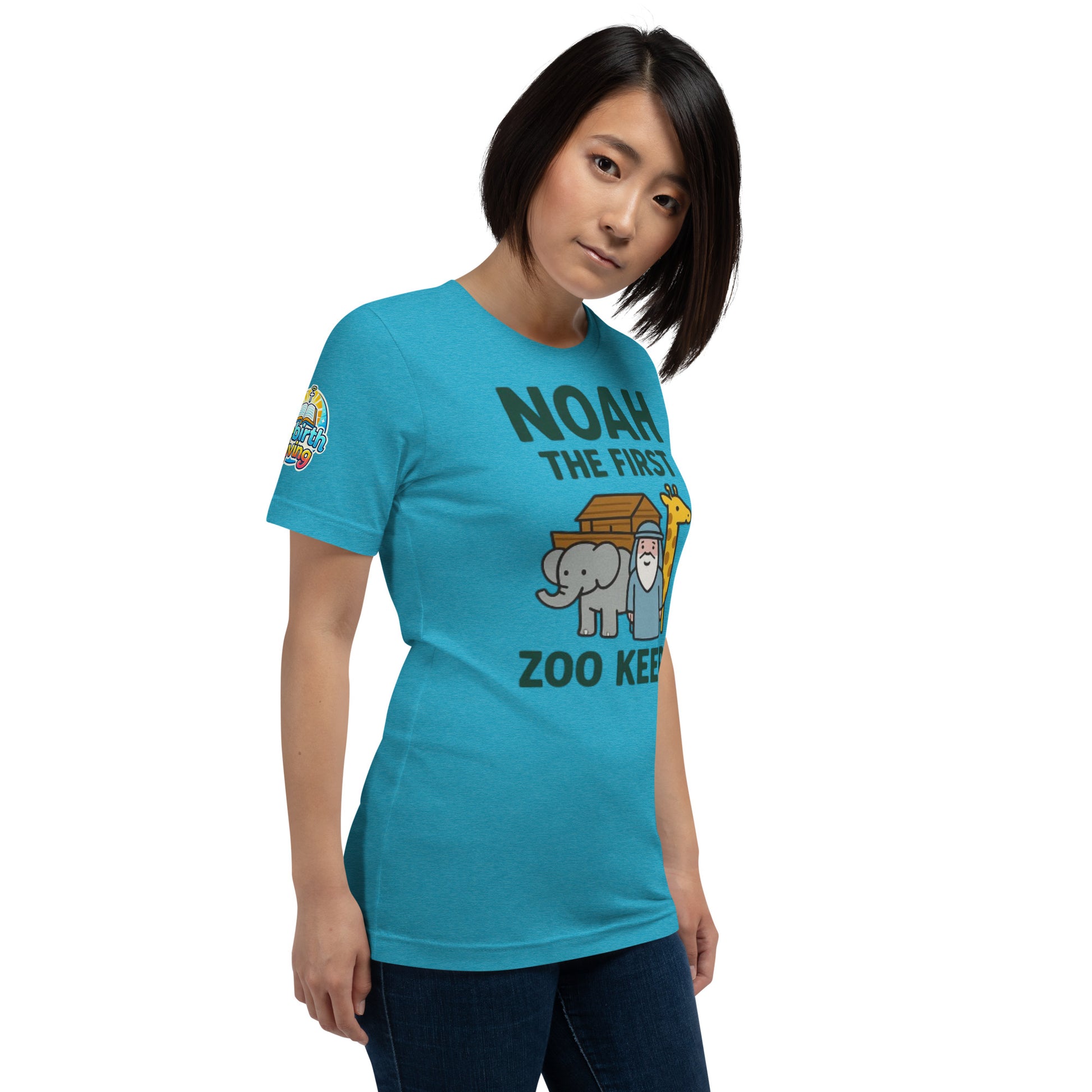 Model wearing a Noah the First Zoo Keeper – funny Christian t-shirt, heather aqua, Bible humor animal design by ReBirth Living