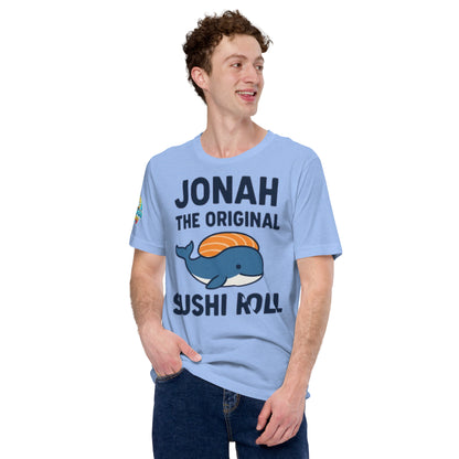 Model wearing “Jonah the Original Sushi Roll” – funny Christian unisex t-shirt, heather carolina blue, Bible humor design with blue whale carrying sushi by ReBirth Living
